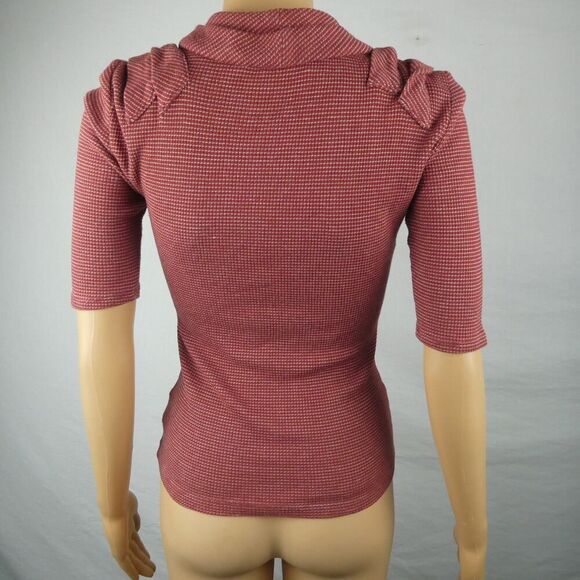 Deletta Anthropologie Red Brown White Striped Pleated Neck Mock Blouse Elbow XS - Picture 7 of 7